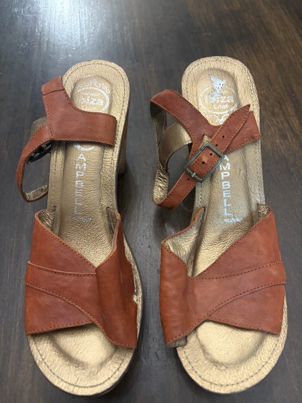 Jeffrey Campbell Sandals Sz 7 Platform Wood Block Heel Brown / Gold